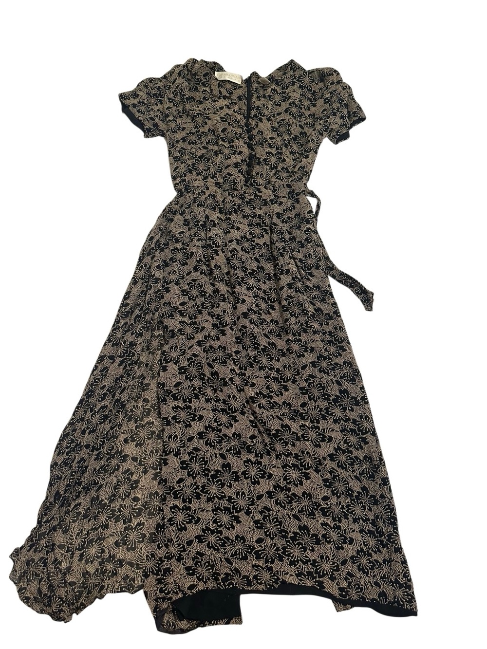 Dana Buchman Black and Tan Floral Maxi Dress with Tie Waist